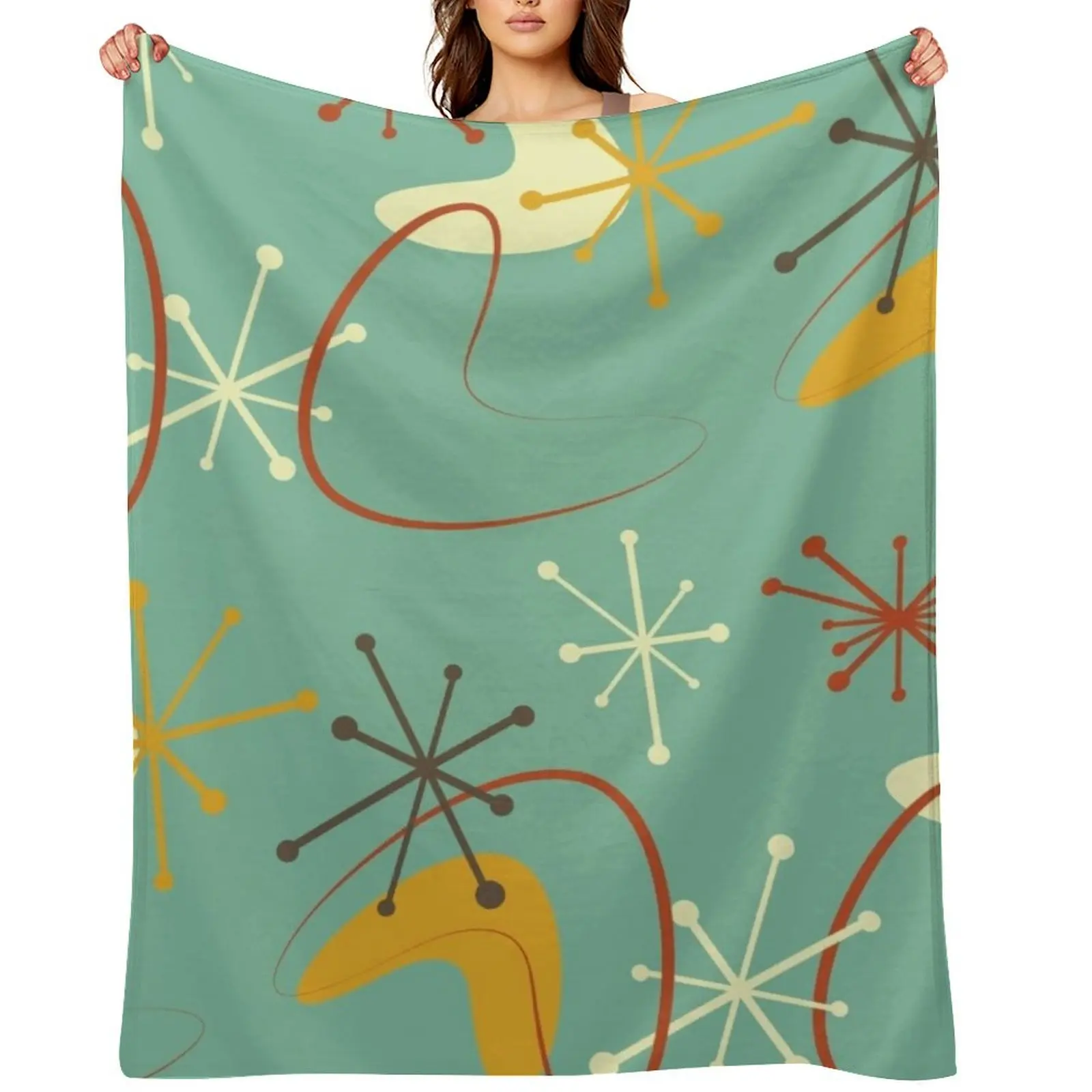 

Vintage Retro 1950s Atomic Starburst Boomerangs Green Harvest Gold Rust Throw Blanket Plush Single for winter Blankets