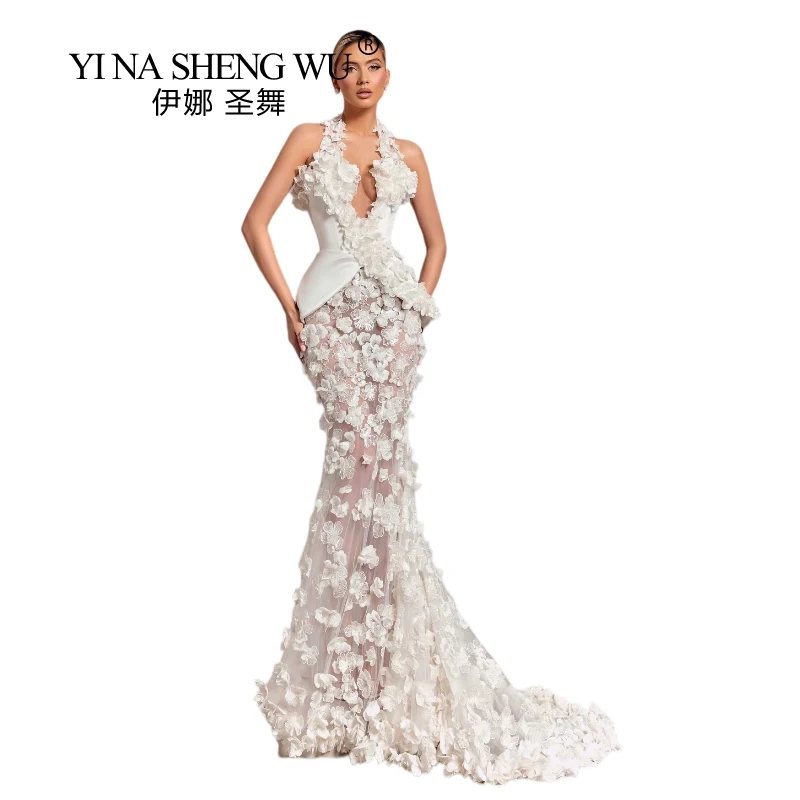 

New Arrival White Three-Dimensional Embroidered Flower Sexy Low-Cut Halter Fake Two-Piece Dress Haute Couture Evening Wedding