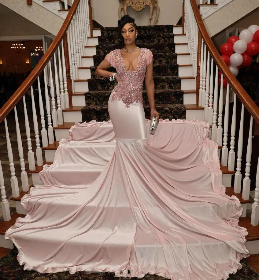 Peach Pink Mermaid Sparkly Prom Birthday Dresses Luxury Tassel Crystal Chapel Train Evening Ceremony Party Gown black girl