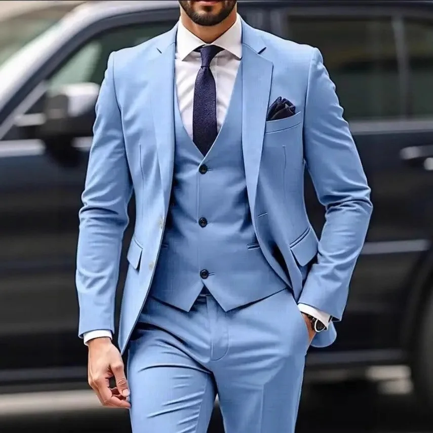Slim Fit Solid Suit For Men 3 Piece Notch Lapel Two Buttons Blazer Vest Pants Set Wedding Tuxedo Formal Prom Party Male Suit