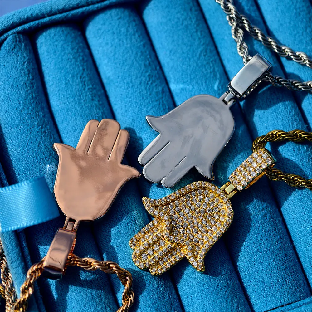 

NUOYA Exquisite Necklace Hip Hop Brass Gold Plated Jewelry Shining Ice Cold CZ Hamsa Hand Pendant Necklace Unisex