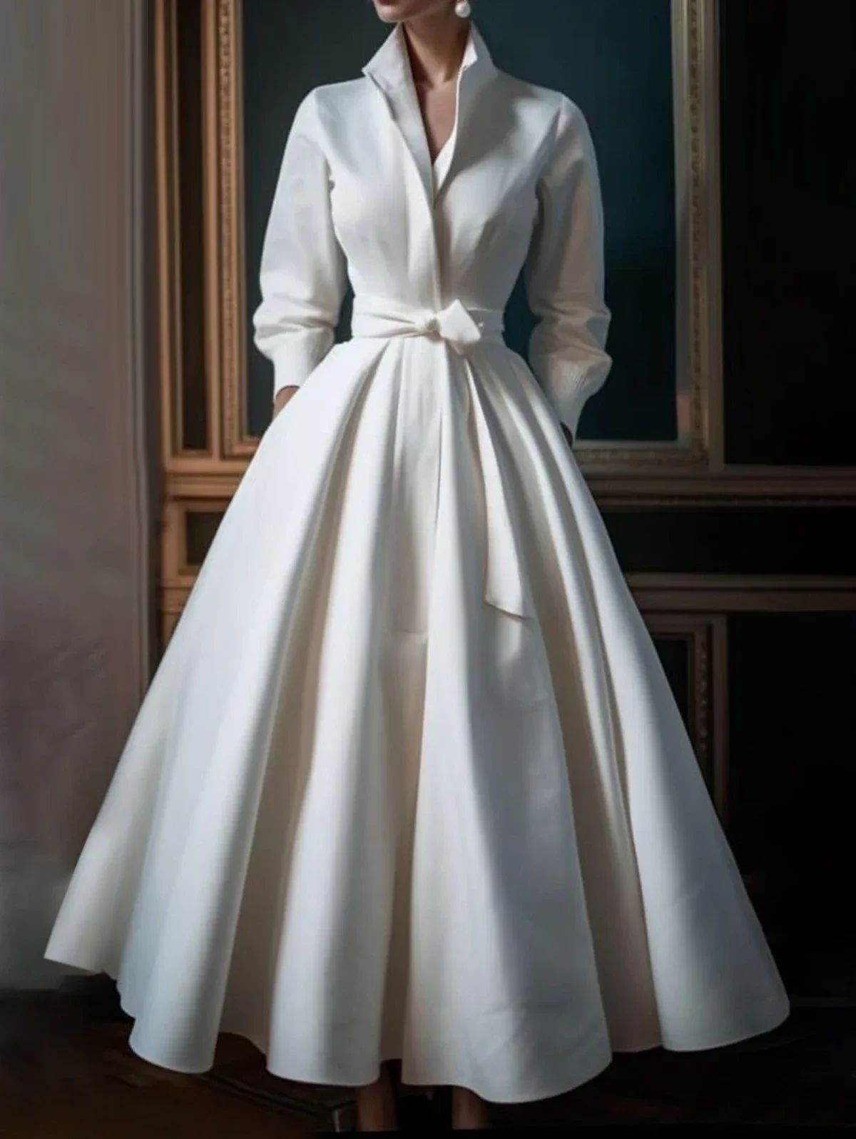 

Women Elegant Shirt Dress Long Sleeve Stand Collar White Minimalist A-Line Pleated Wedding Guest Long Dresses with Belt 2025