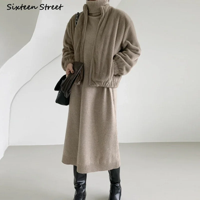 Gray Woolen Dress Women Turtleneck Winter Fall Elegant Long Knitted Vestido Bodycon Loose Thicken Sweater Dress Autumn