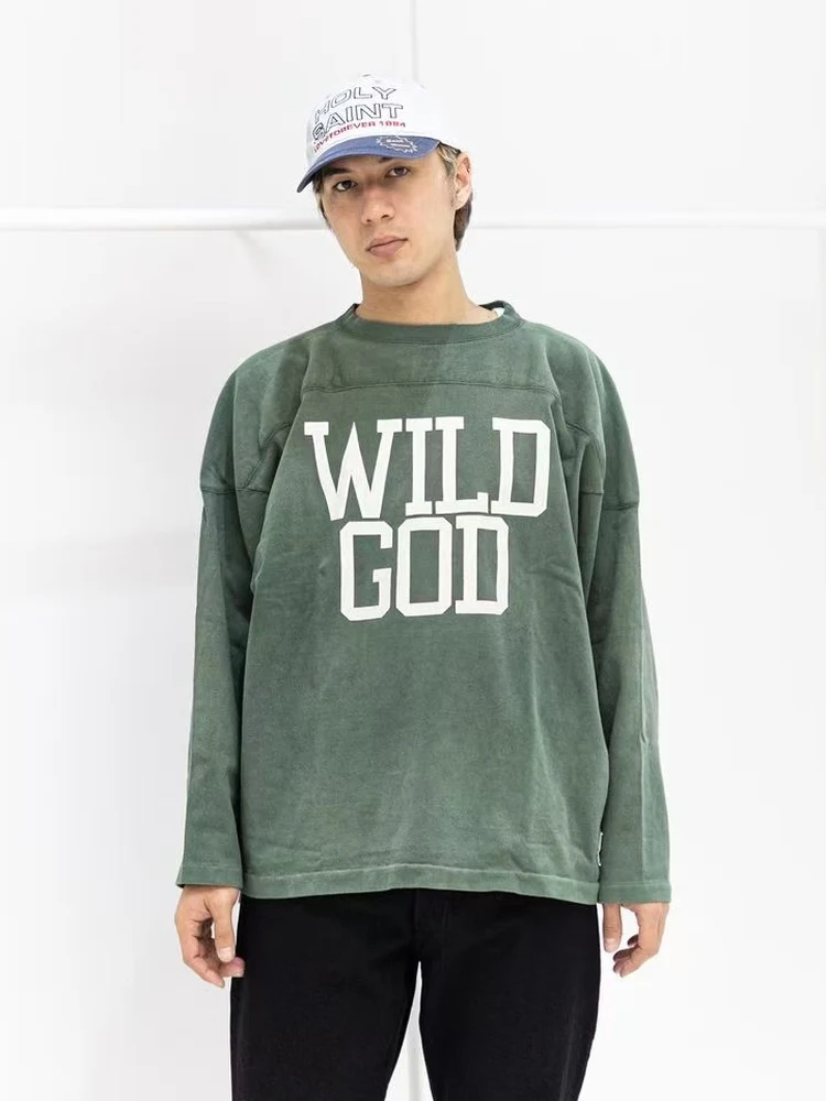 

Saint Micheal Wild God Washed out Loose Long Sleeve T-Shirt Unisex Trendy Cotton round Neck Letter Pattern Resistant to Fadin...