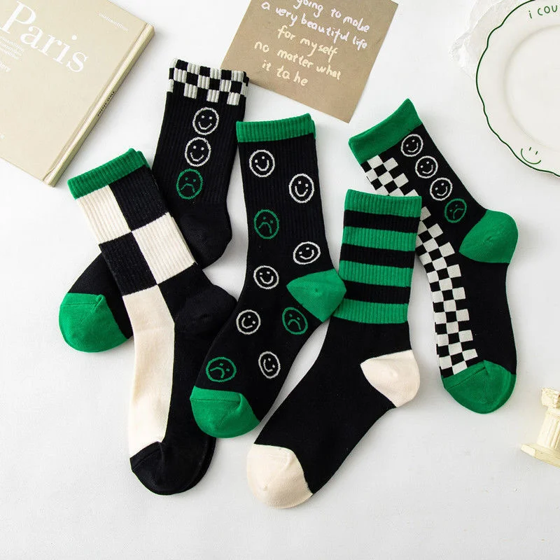 5 Pairs Women's Socks Version of Tube Socks Green Popular Lattice Face Socks Calcetines