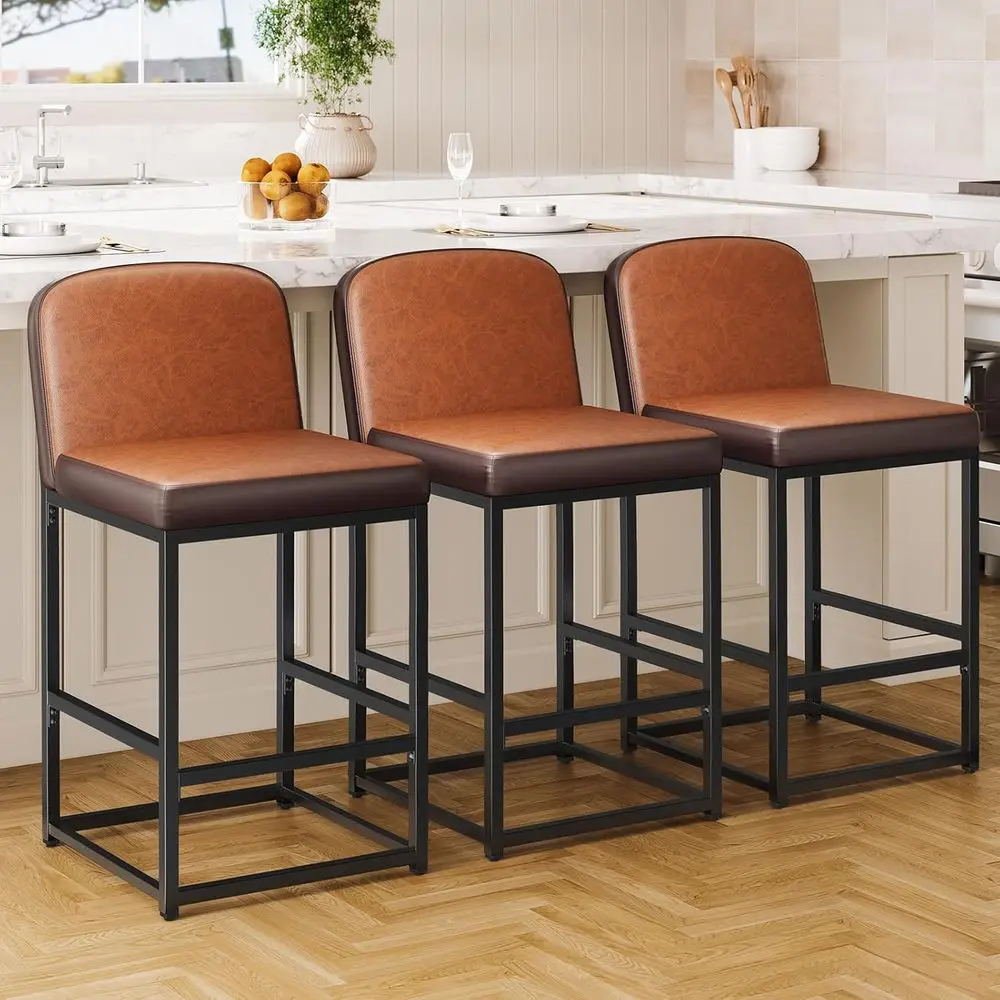 

Set of 3 Brown Leatherette Upholstered Bar Stools with Padded Seats and Metal Bases for Kitchen Island or Counter Height