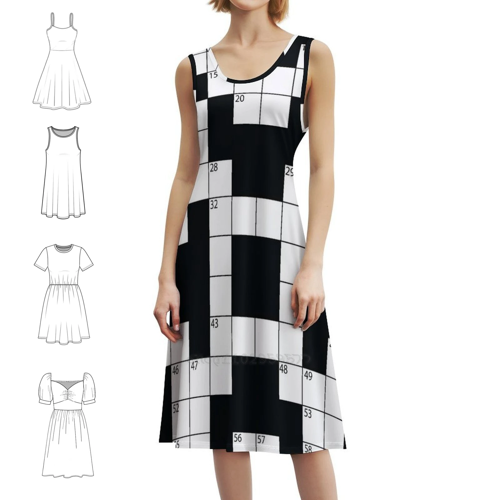 فستان بوهيمي بدون أكمام للتفكير عبر الكلمات، فستان متعدد الطباعة لقضاء العطلات على الشاطئ، كلمات متقاطعة، لعبة كلمات متقاطعة