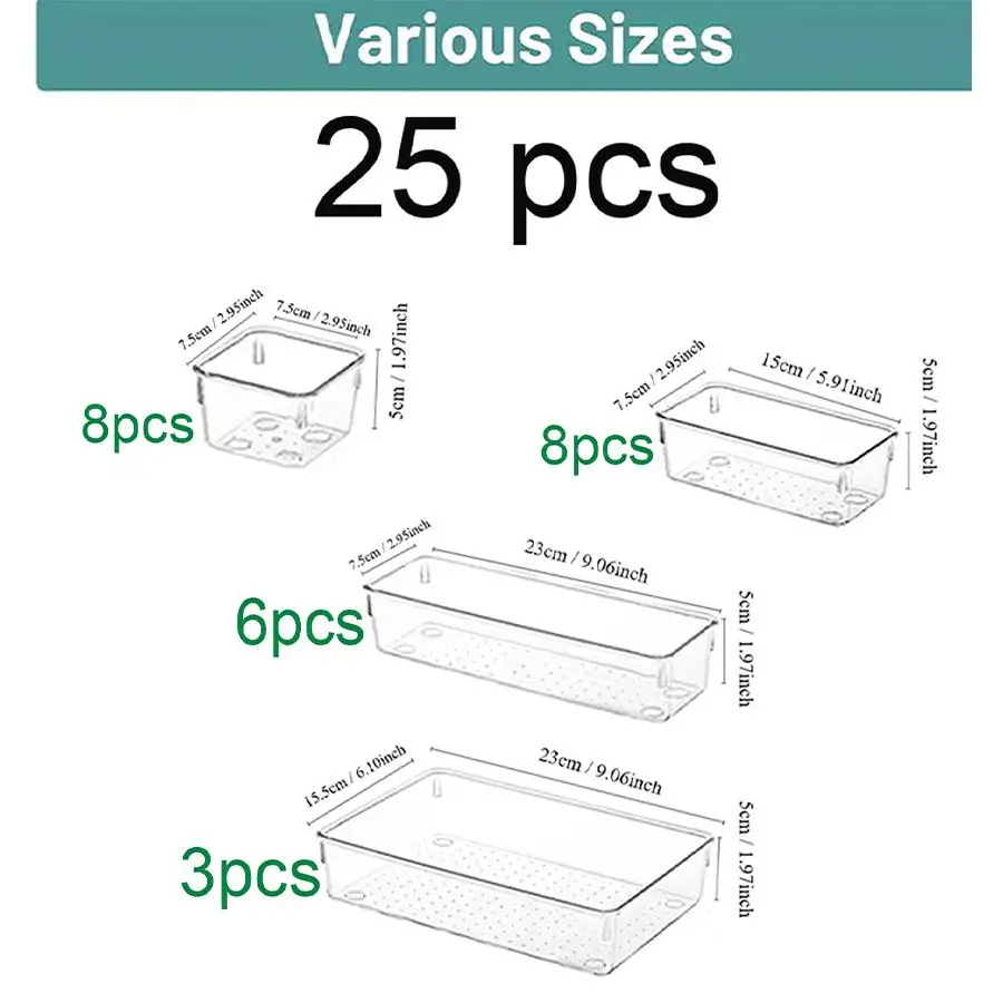 25pcs Clear Plastic Drawer Organizer Set, Plastic Non Slip Non Cracking Kitchen Drawer Storage Tray Large Size Divider, Multifunctional Storage For Cosmetics, Bathroom, Tools, Kitchen And Office