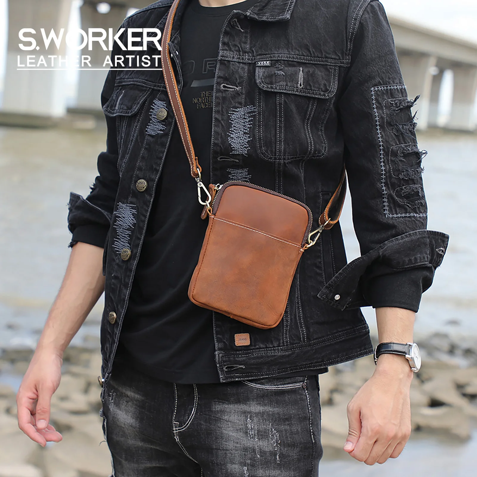 S.WORKER Vintage Echtleder-Umhängetaschen Crazy Horse Handgefertigte Mini-Tasche für Telefon, Karten und Schlüssel – Detail 2