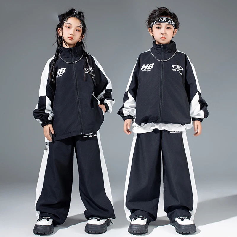 Children Jazz Street Dance Suit Black And White Dance Costume For Hip Hop Boys Girls Cool Jacket Pants Drum Show Outfit VDL2204