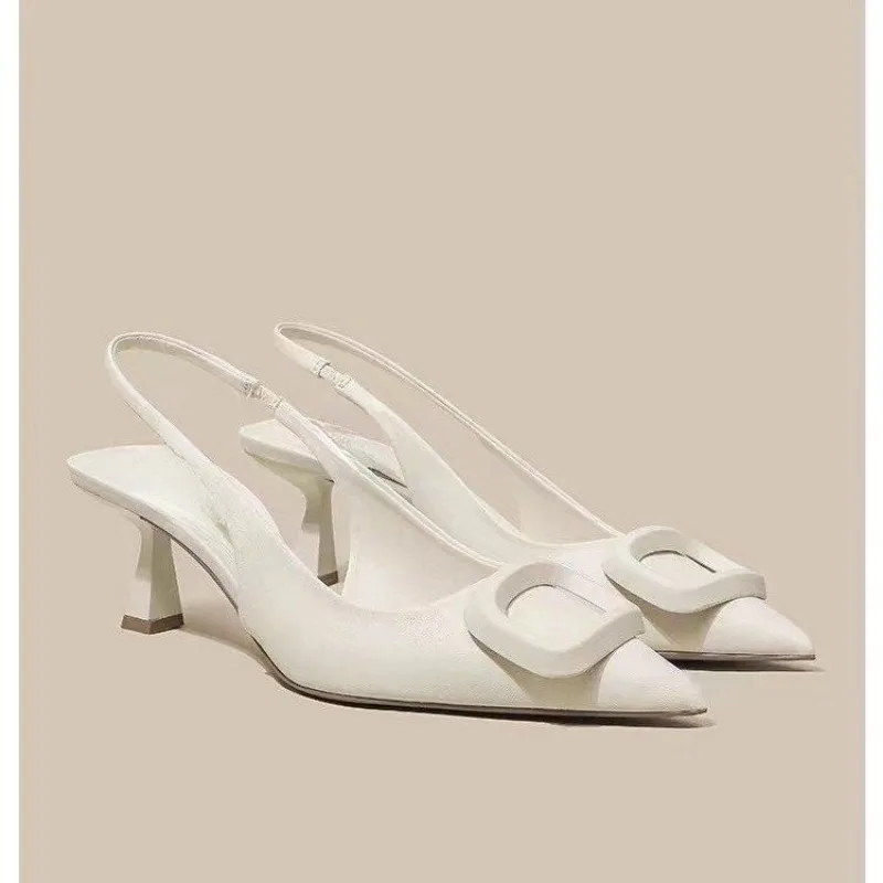 Slingback Off White Salto Alto para Mulher, Bombas Elegantes, Estilete, Dedo Apontado, Sandália Salto, Sapato de Escritório Feminino, 2023