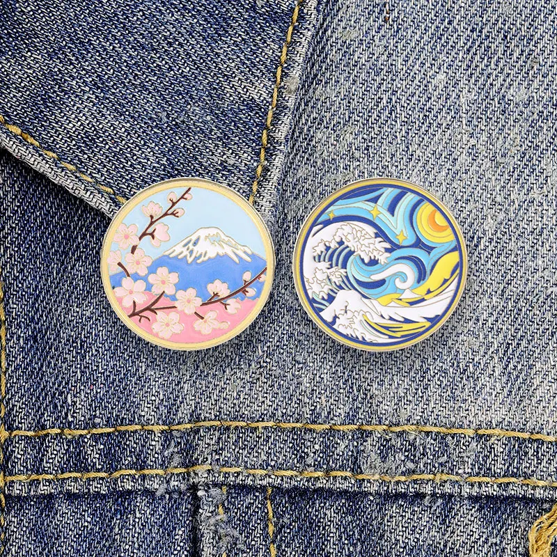 Japanese Ukiyo-e Art Enamel Badges Great Wave Off Kanagawa Mount Fuji Cherry Blossom Brooches Lapel Backpack Jewelry Gifts