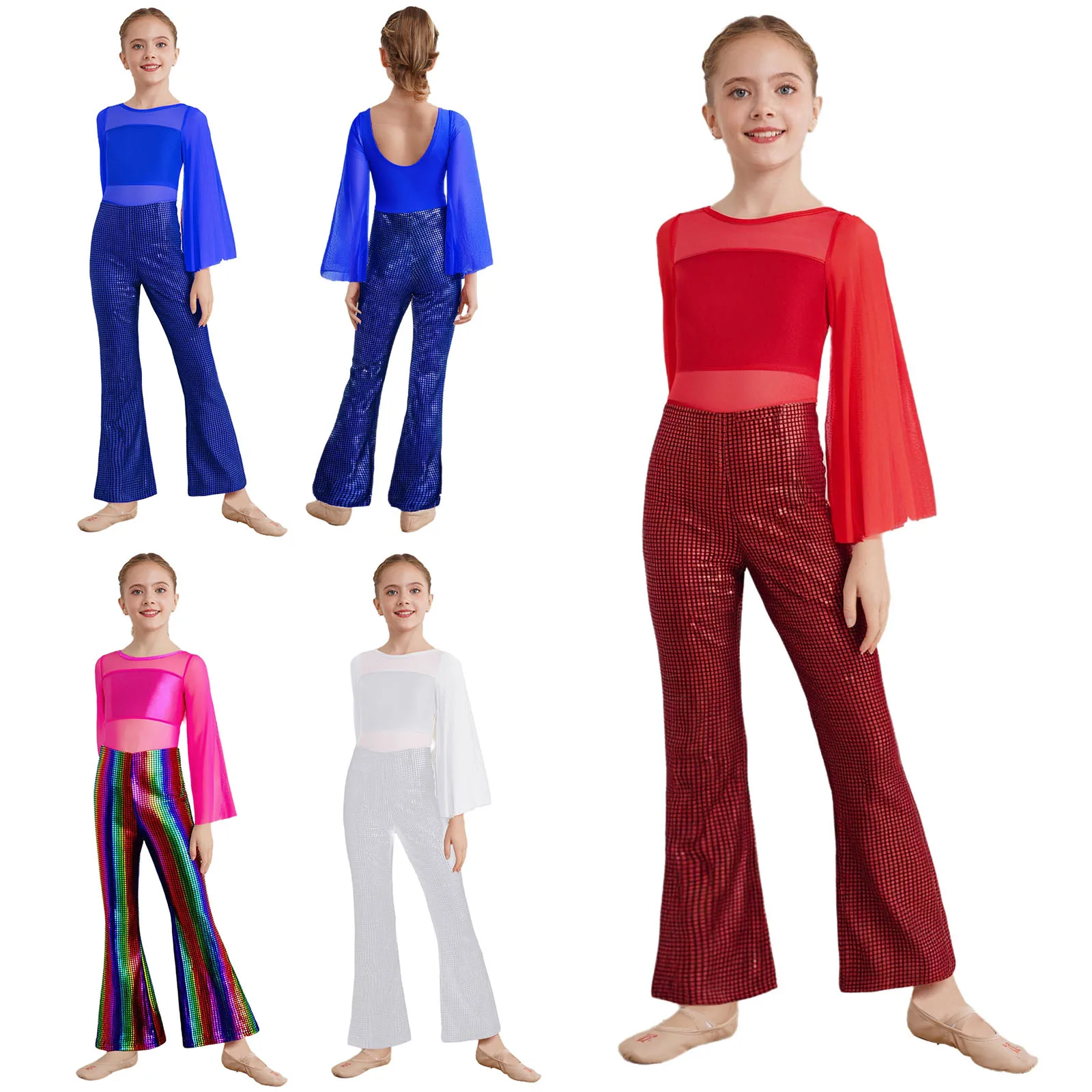 Costume de danse latine Jazz pour enfants filles, uniforme de pom-pom girl, combinaison métallique à cloche, Costume de spectacle de fête à thème de carnaval