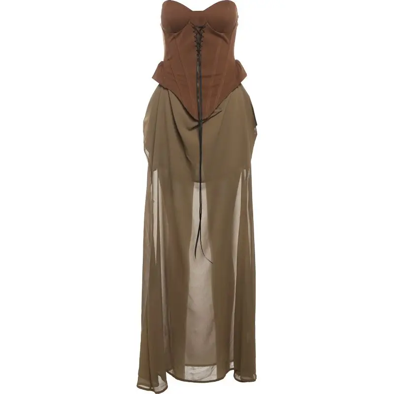 

Dress for Women Summer New High-end Designed Niche Fashionable Temperature Mesh Spliced Strapless Pleated Lace-up Dress
