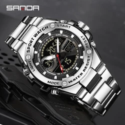 SANDA Top Luxury Stainless Steel Watch Men's Dual Display Electronic Multi functional Waterproof LED Luminous Quartz Men's Watch