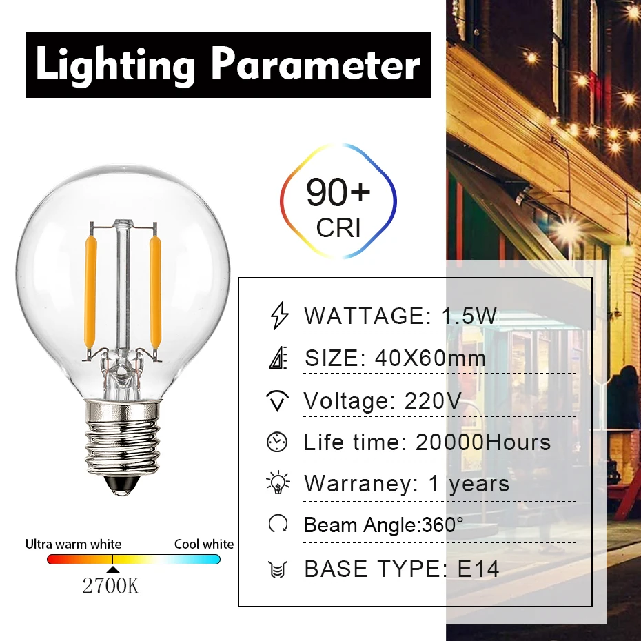 글로브 스트링 교체 전구, E14 나사 베이스, 1.5W LED 필라멘트 전구, 220V, 따뜻한 흰색, 2700K 투명 유리 에디슨 볼 램프, G40