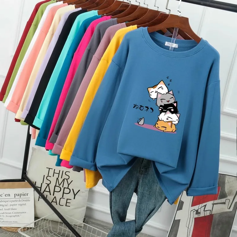 T-shirt taglie forti da donna DAYIFUN estate Solid Cats stampa T-shirt a maniche lunghe girocollo T-shirt Oversize