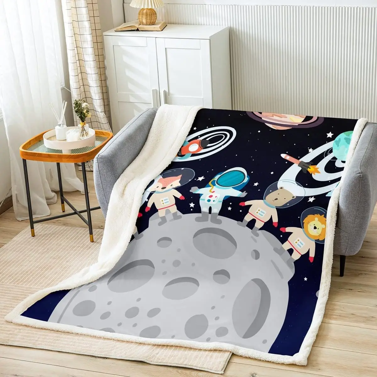 Outer Space Throw Blanket Cartoon Animal Astronaut Blanket for Couch Sofa, Galaxy Planets Rockets Bed Blanket for Kids