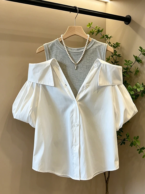 

plus Size Summer 2026 Korean Style Color Fake Two-Piece Shirt Women's Casual Fashion Top Breathable Skin-Friendly Short...