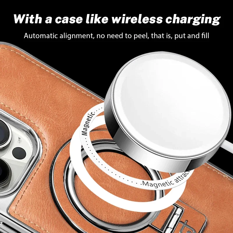 Electroplated Frame Invisible Ring Holder Stand Cover For iPhone 15 14 Pro Max 13 Business Vintage PU Leather Back Magsafe Case