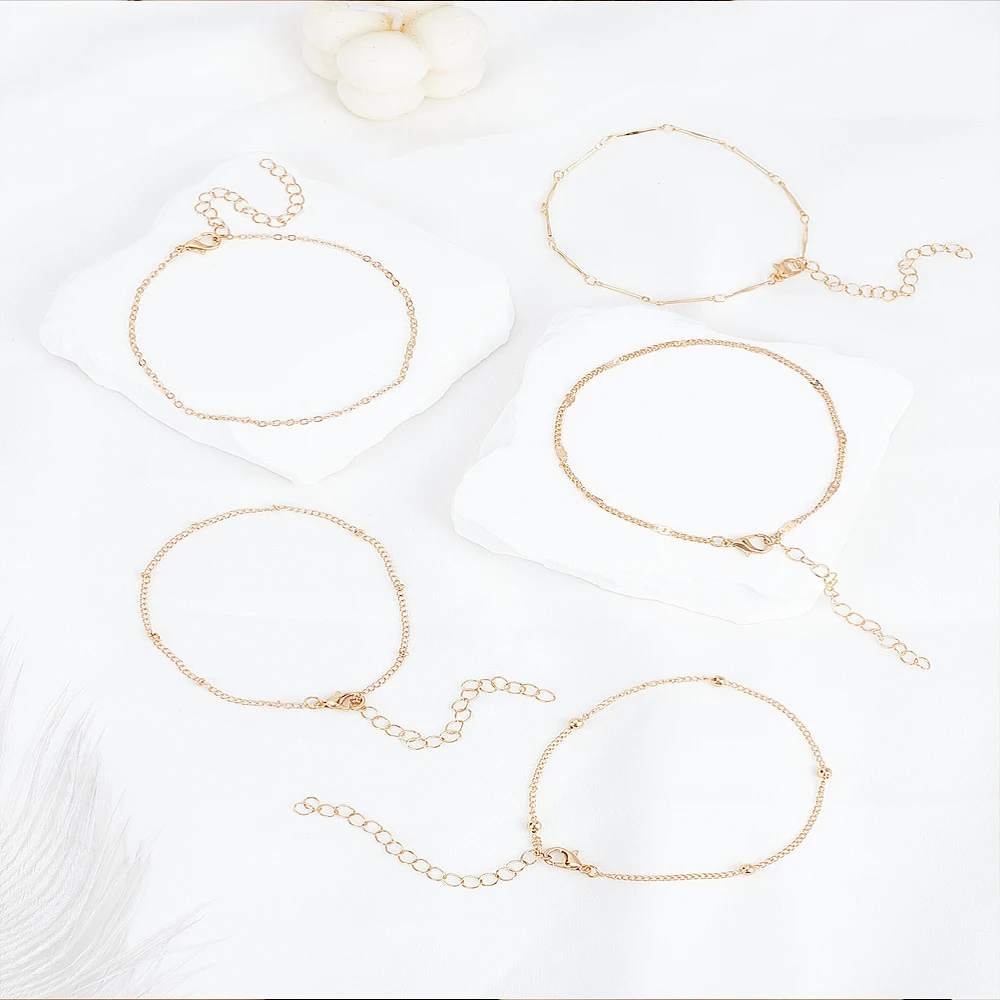 

5Pcs Iron Chain Anklet Sets Light Gold 8-3/8~8-5/8 inch(212~220mm)