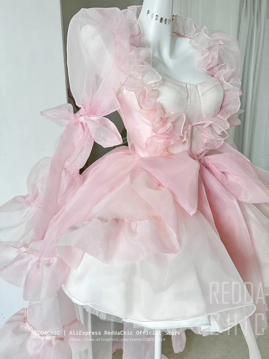 Kawaii Ruffle Puffy Women 3-piece Set Dress Underskirt Shawl Shrug Princess Pink Mini Evening High Low Dress Lolita Tutu Train