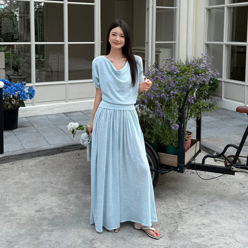 

Fashionable Knitted Two-Piece Set for Women High Waist Skirt And Shoulder Bared Top Summer New Style Aileen Brand