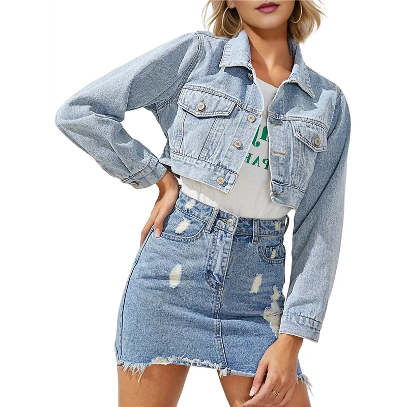 

ABRT-Женская повседневная модная короткая джинсовая куртка с лацканами и длинными рукавами