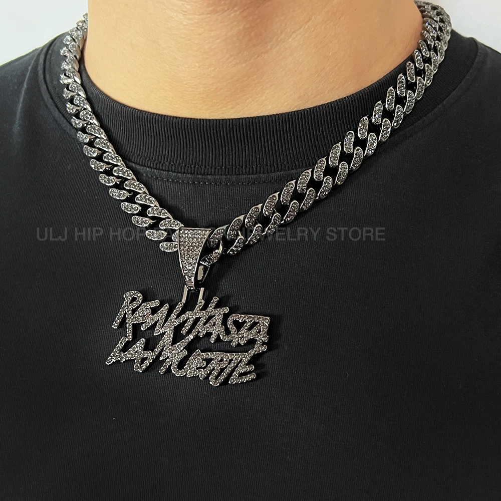 Men Hip Hop realhasta lamuerte Black Bling Letter Pendant Necklace 12MM Cuban Chain Iced out Bling  Charm Jewelry