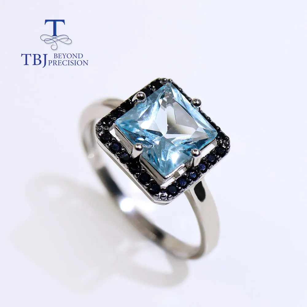 Natural Sky Blue topaz Ring square 8mm real  gemstone ring simple Daily design women 925 sterling silver fine jewelry