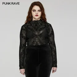 PUNK RAVE Women's Gothic Mesh Simple Stand Collar T-shirt Mystery Custom Printed Flocked Pattern Long Sleeve Tops Spring/Autumn