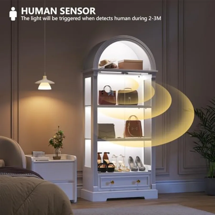 Arched display cabinet for living room, tempered glass doors, white finish, human sensor LED lights, 4-tier curio cabinet for c view 5