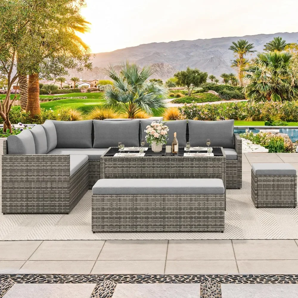 

Outdoor Sofa Sets, with Liftable Storage Table, Set with Dining Table and Ottoman, 9 Piece All Weather Wicker Sofas Sets