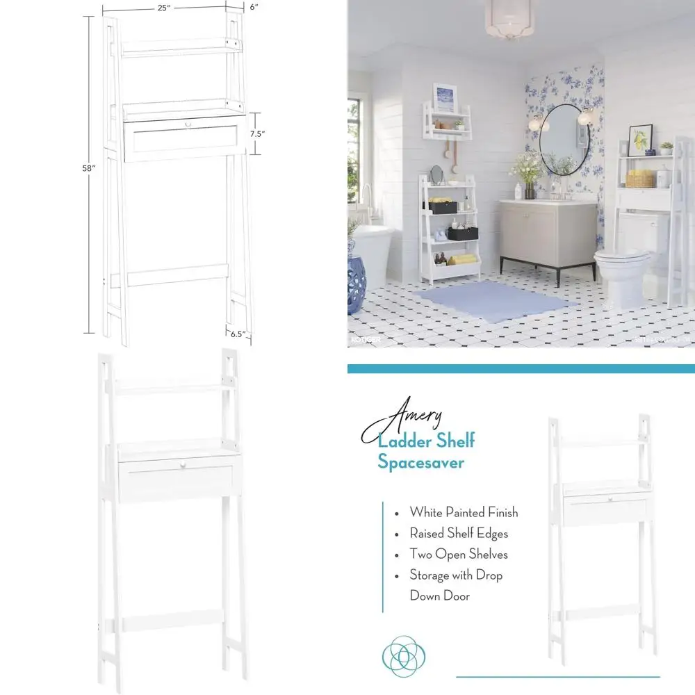 

3-Tier Over-The-Toilet Wall Shelf with Drop-Down Compartment - White Bathroom Storage Organizer for Toiletries and Linens