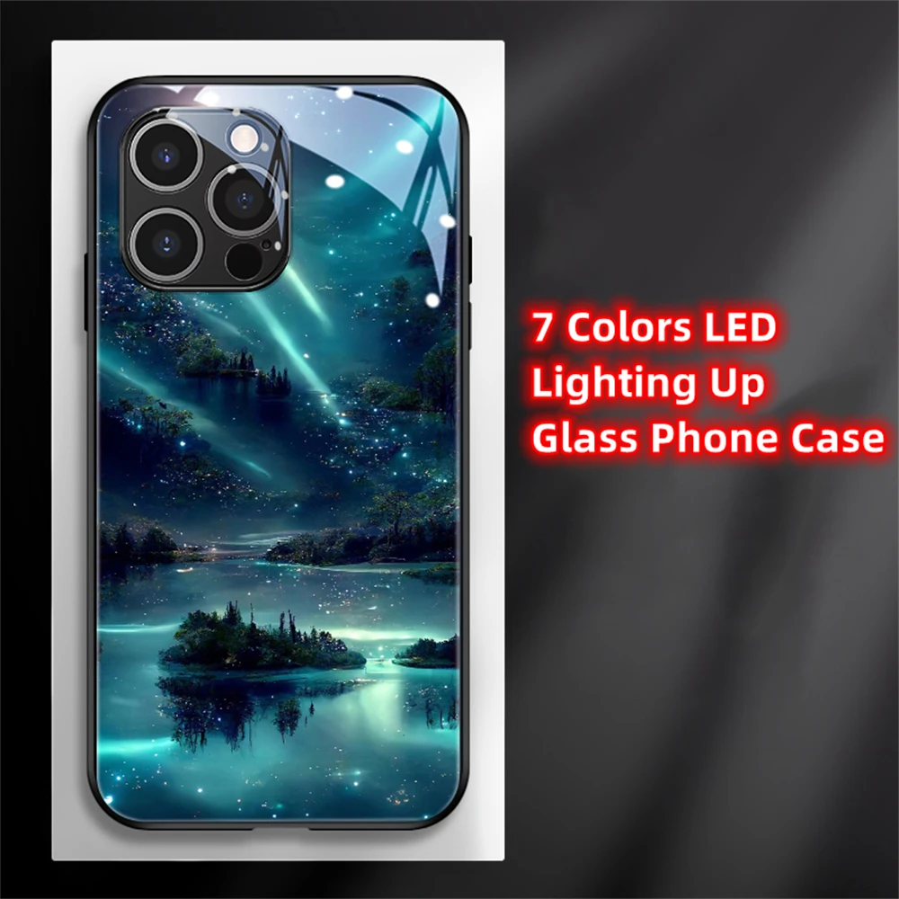 2026 Pretty Galaxy Beach Smart LED Light Glow Tempered Glass Phone Case For iPhone Air 18 17 16 E 15 14 13 12 11 Pro Max