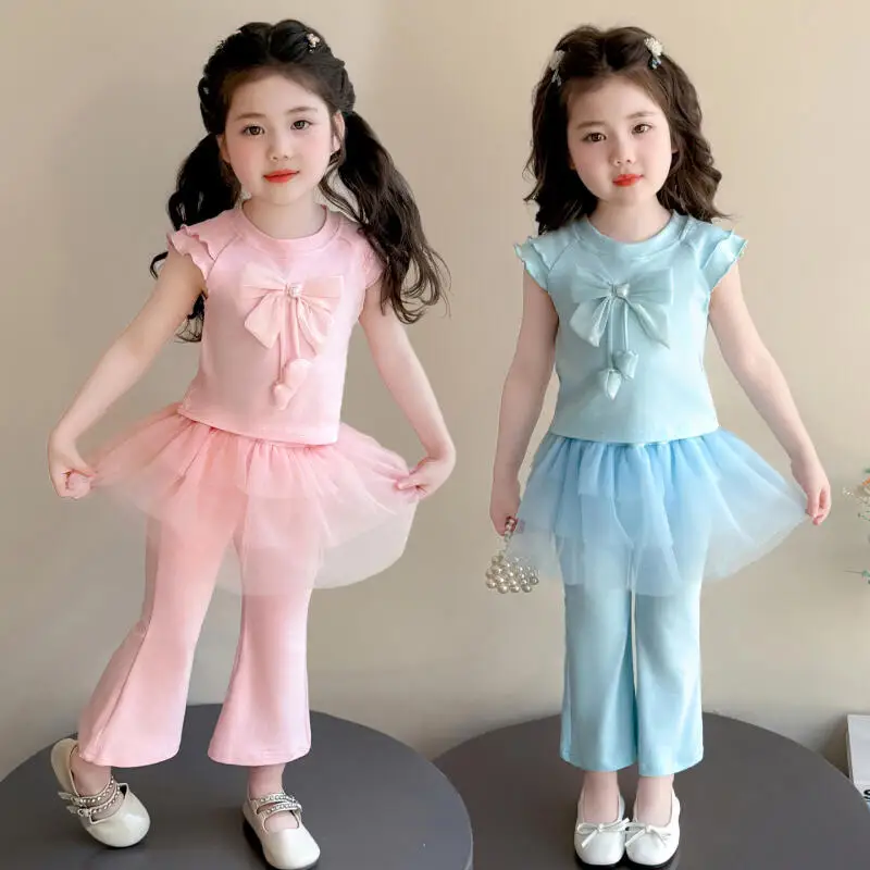 

Summer Girls Mesh Short-Sleeved Boot-Cut Pants Suit Girls New T-Shirt Bow Straight Pants Children's Wide-Leg Pants Two-Piece Set