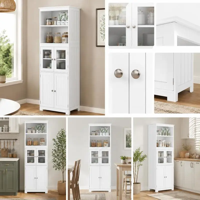 Buffet de cuisine avec 2 niches, 2 placards à 4 portes dont 2 portes vitrées, étagère réglable - dim. 60I x 30P x 162H cm blanc