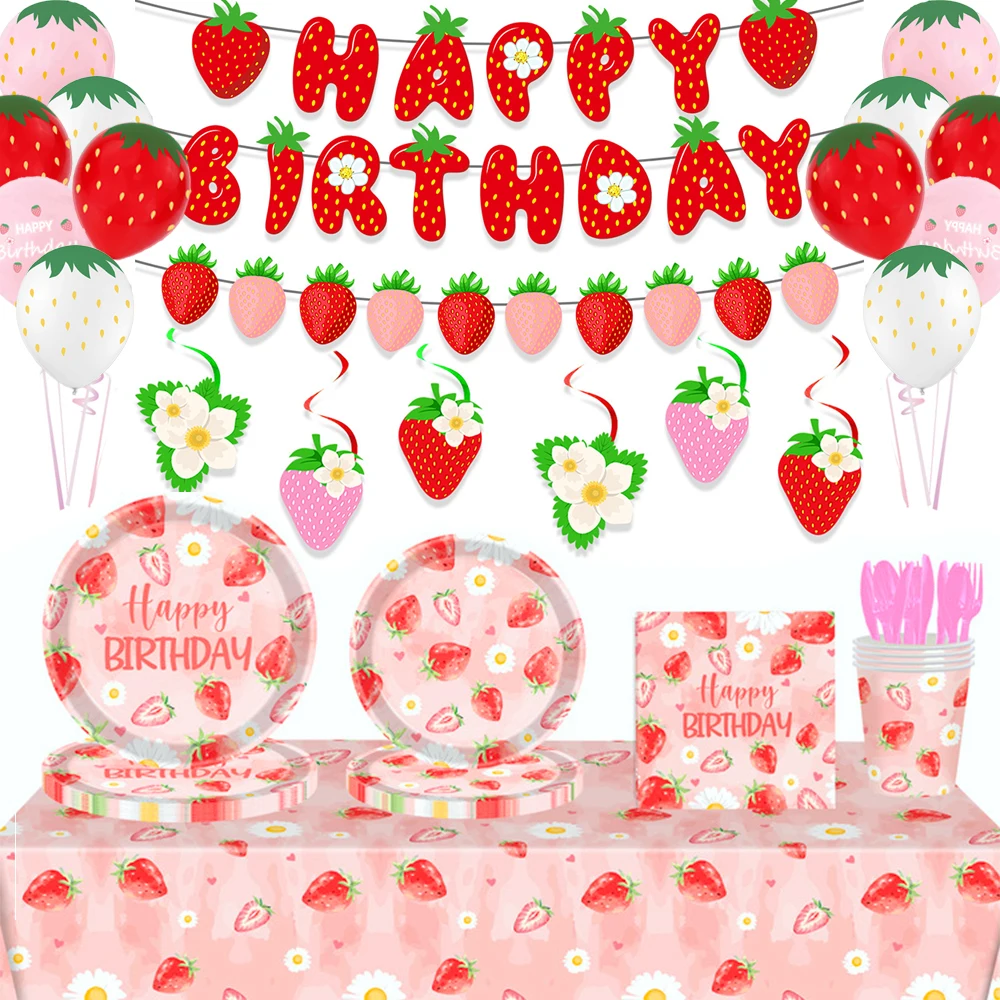 Platos de fiesta de cumpleaños de fresa, servilletas, pancarta de frutas, globos para niños, dulces, niñas, bayas, suministros de decoración para fiesta de bienvenida de bebé