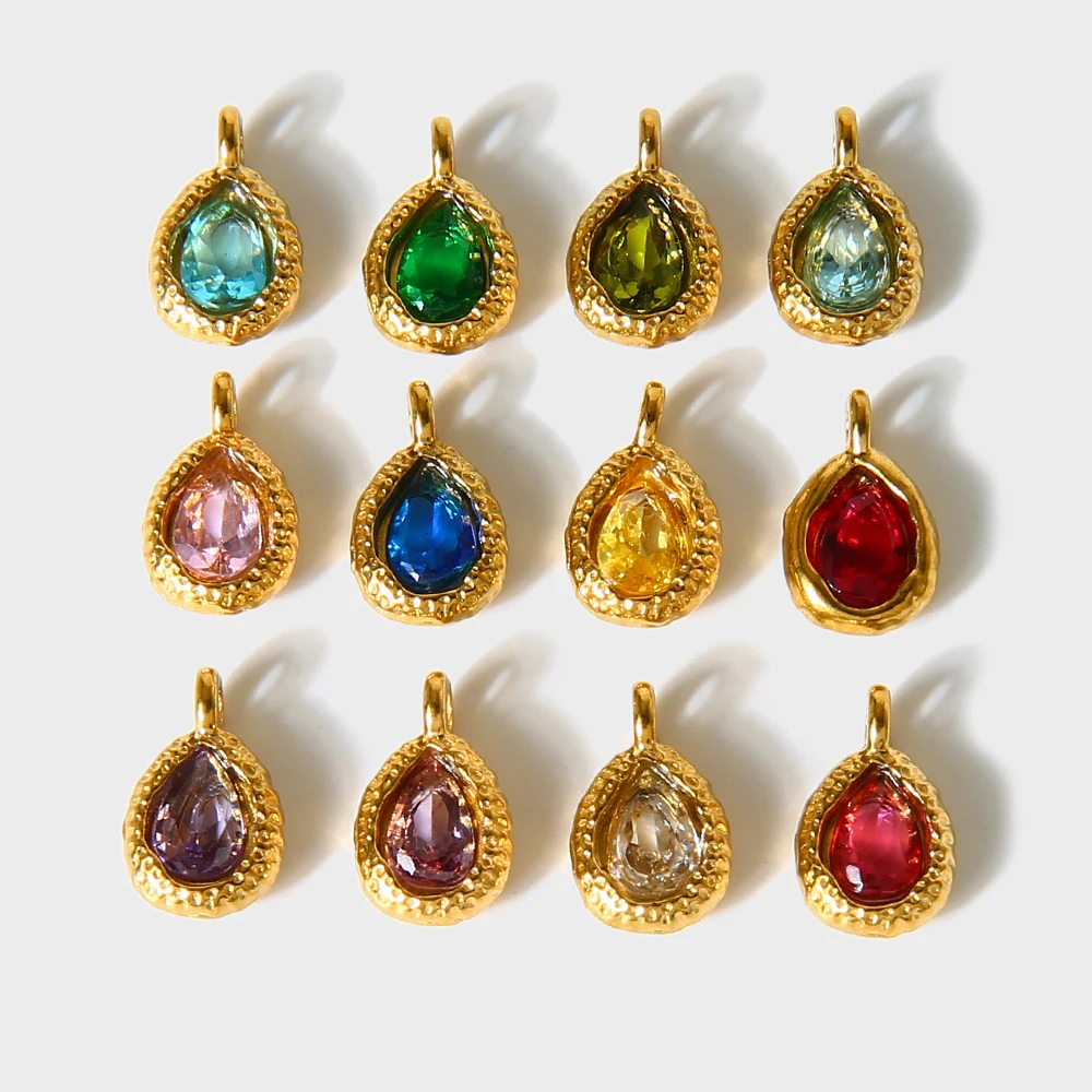 Colorful Teardrop Cubic Zirconia Pendant Hammered Texture 18K Gold Plated Stainless Steel DIY Jewelry Making Accessories