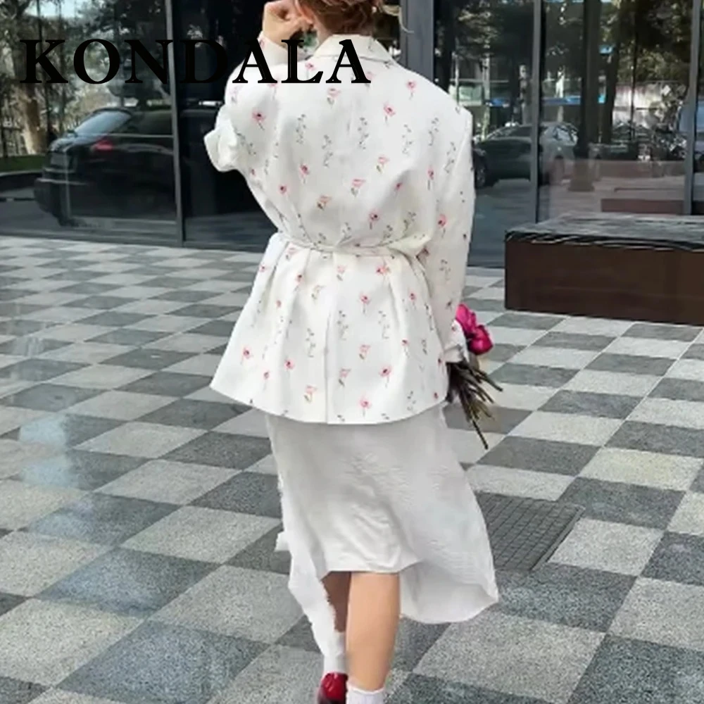 KONDALA Casual 2025 Office Lady Women Print Bleazer Button Lace-up Straight Jacket Long Sleeve Fashion Female Elegant Outwear