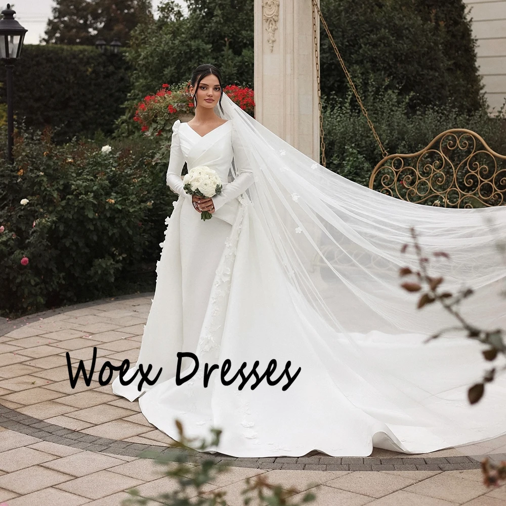 Customized V-neck Appliques Full Sleeves Satin Wedding Dress Watteau Train Mermaid Pleat Bride Gown Floor Length Wedding Gown