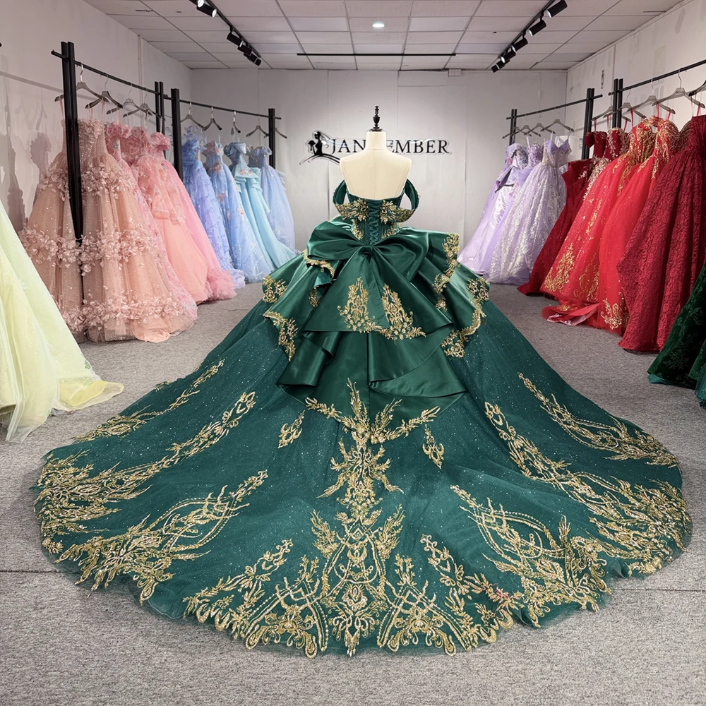 Quinceanera Dress Ball Gown Sweetheart Off Shoulder Dark Green Gold Sequin Big Bow Lace Up Train Custom Size Vestido de XV Años