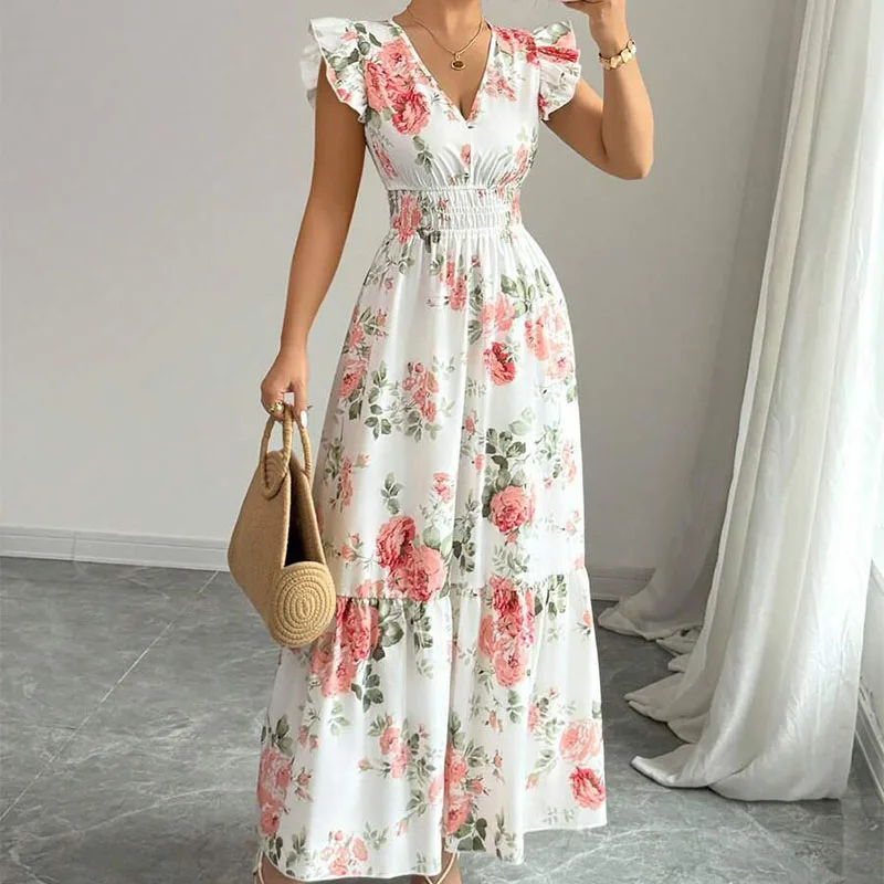 Elegante Boho Abito lungo da donna Sexy senza maniche con scollo a V Stampa floreale Orlo Gonna da spiaggia Vestito estivo Abiti da sera maxi Abiti