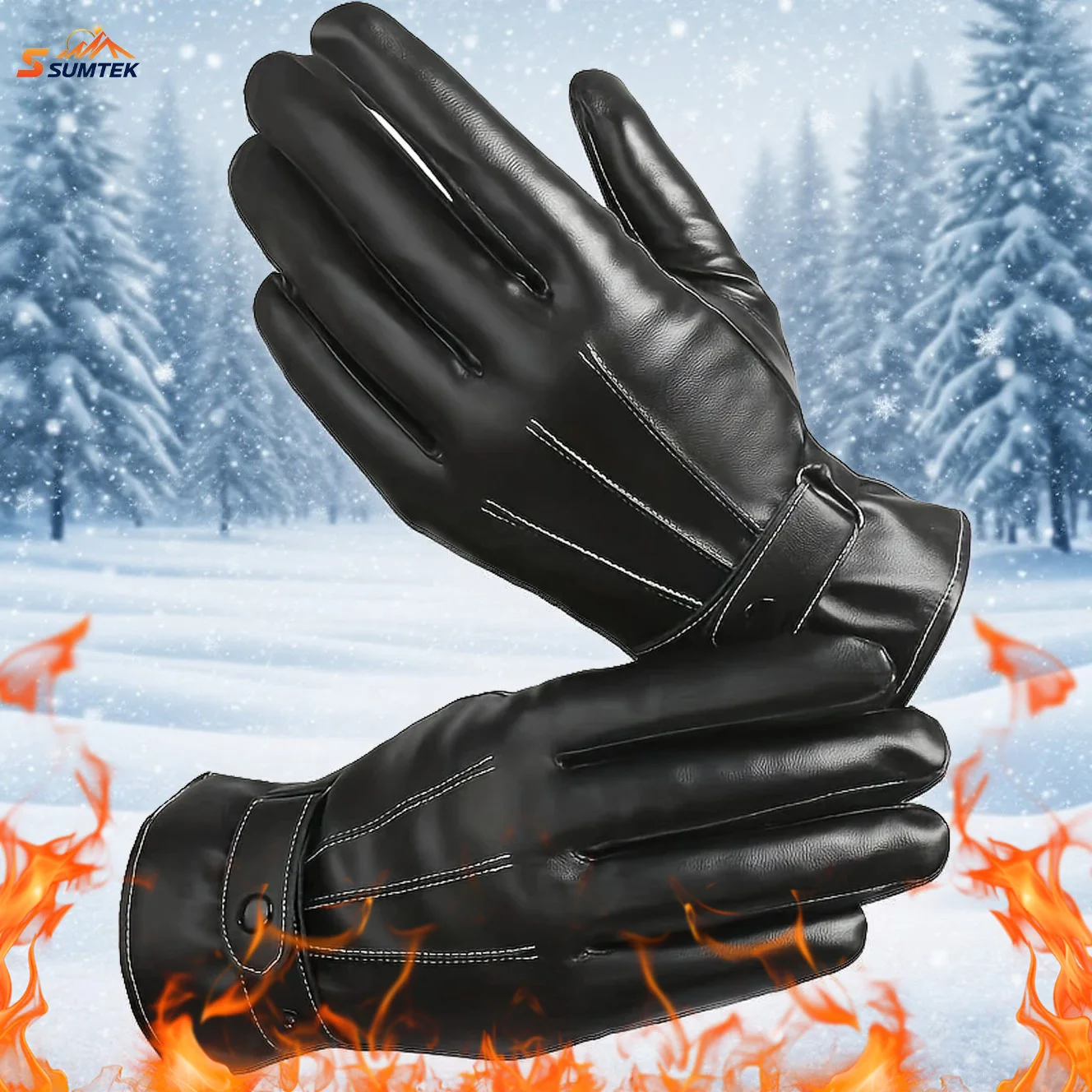 

1 Pair Leather Black Gloves Touchscreen Winter with Plush Lining - Warm,Comfortable,Elastic Fit for Outdoor Cycling & Activities