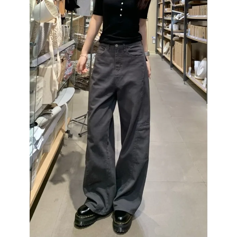 AdvancedTall Extended Gray Wide-leg Tooling Jeans Women's Spring and Summer New High-waisted Loose and Thin Straight Floor Pants
