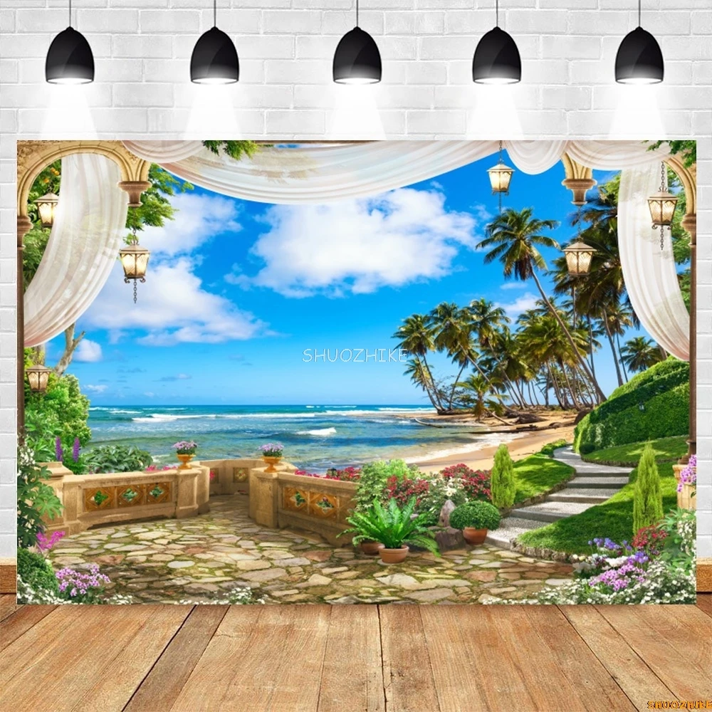Летний морской пейзаж фон морской пляж балкон тропическая пальма замок натуральный фон для фотосъемки Декор фотостудия