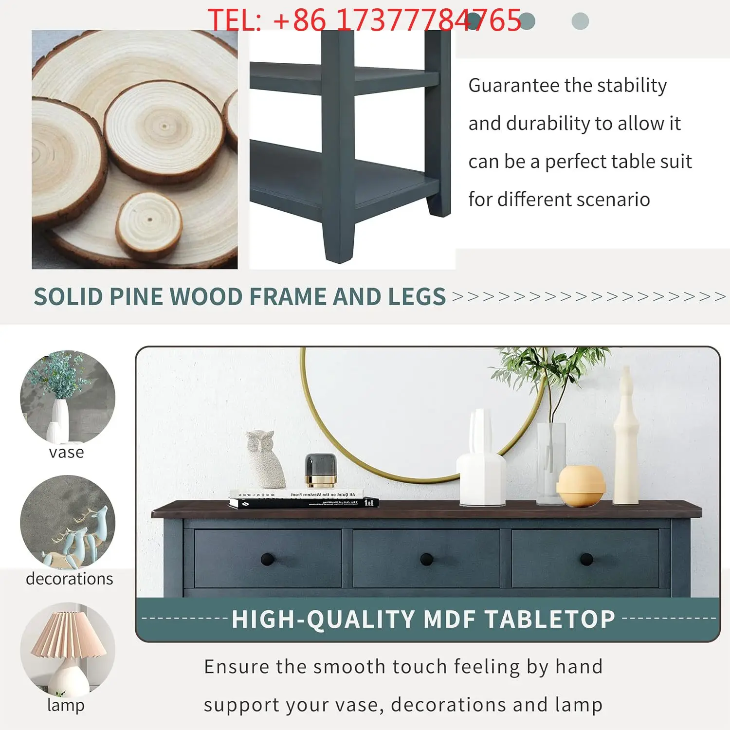 Navy Solid Wood 3 Drawer 2 Shelf Narrow Console Sofa 3 Tier Entryway Accent Furniture for Living Room Hallway