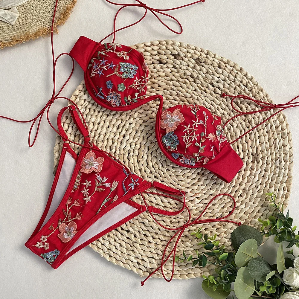 Beige Shiny Flower Embroidery Swimwear Thong Micro Push Up Bikini Set Sexy Swimsuit Women 2025 Bathing Suit String Bikinis Mujer