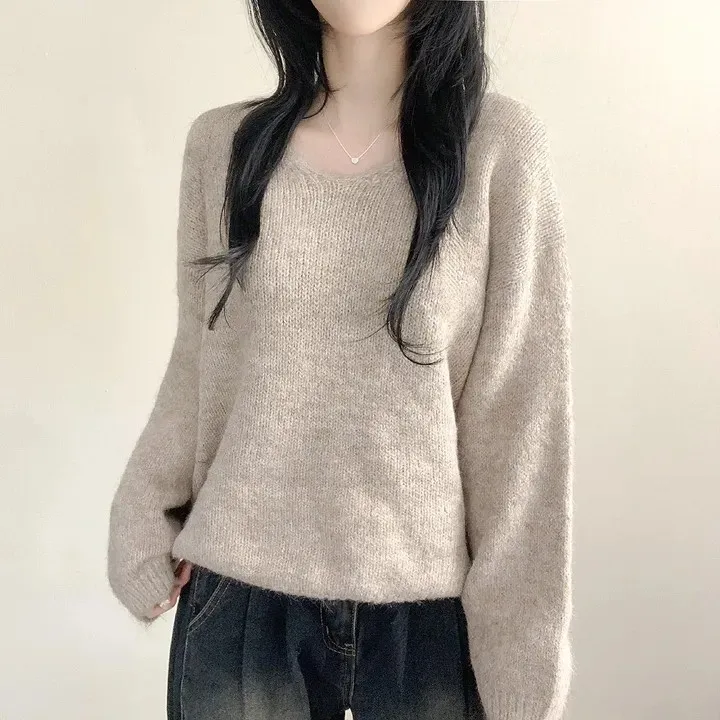 

Chic V-Ne Women's Knitwear Casual Fluffy Simple Sle Loose Fit Autumn Winter Versatile Lazy Sle Top Casual Loose Sweater