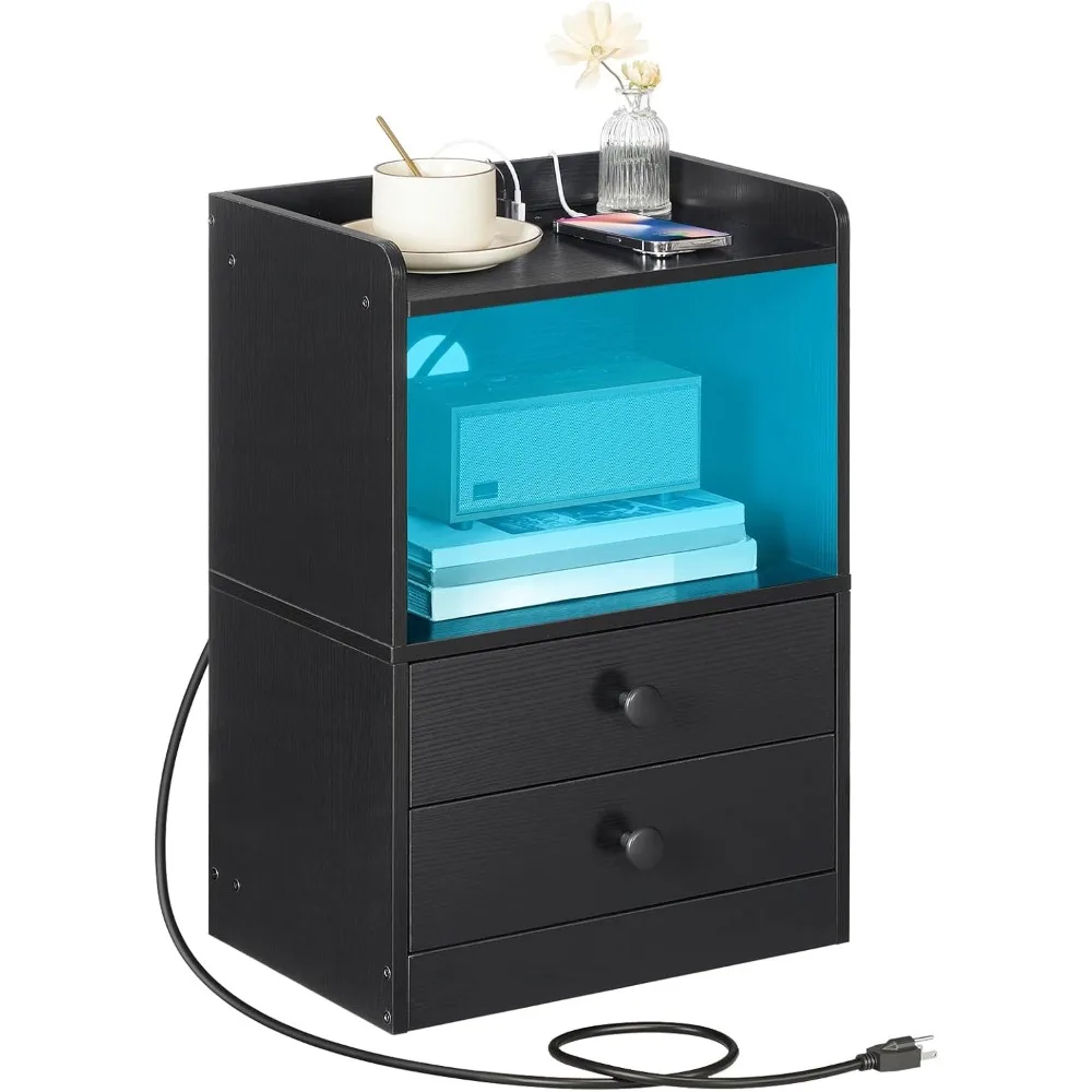 

Nightstand with Charging Station, Modern Night Stand with LED Lights, Side Table with 2 Drawers, with USB Ports Outlets